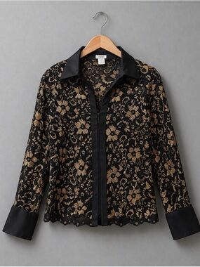 Vintage Cache Black & Gold Lace Sheer Blouse Zip Front Women L Y2K Evening Top)